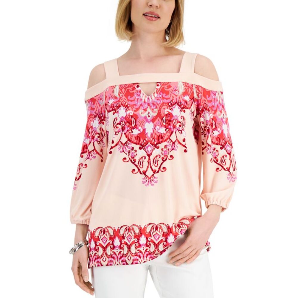 JM Collection Womens Manda Printed Cold Shoulder Top